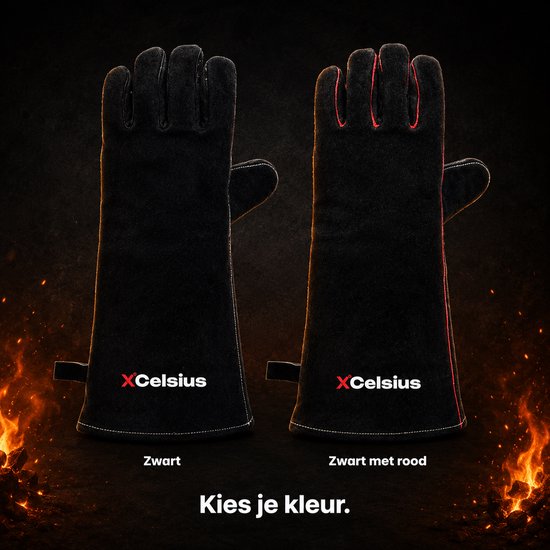 XCelsius® BBQ Handschoenen Splitleer – TÜV Gecertificeerd EN407 – Hittebestendige Barbecue Handschoenen en Ovenhandschoenen – Voor Kamado, Gietijzer, Roosters en Heat Deflectors – Cadeaus voor Mannen – 1 Paar – Zwart met Rood