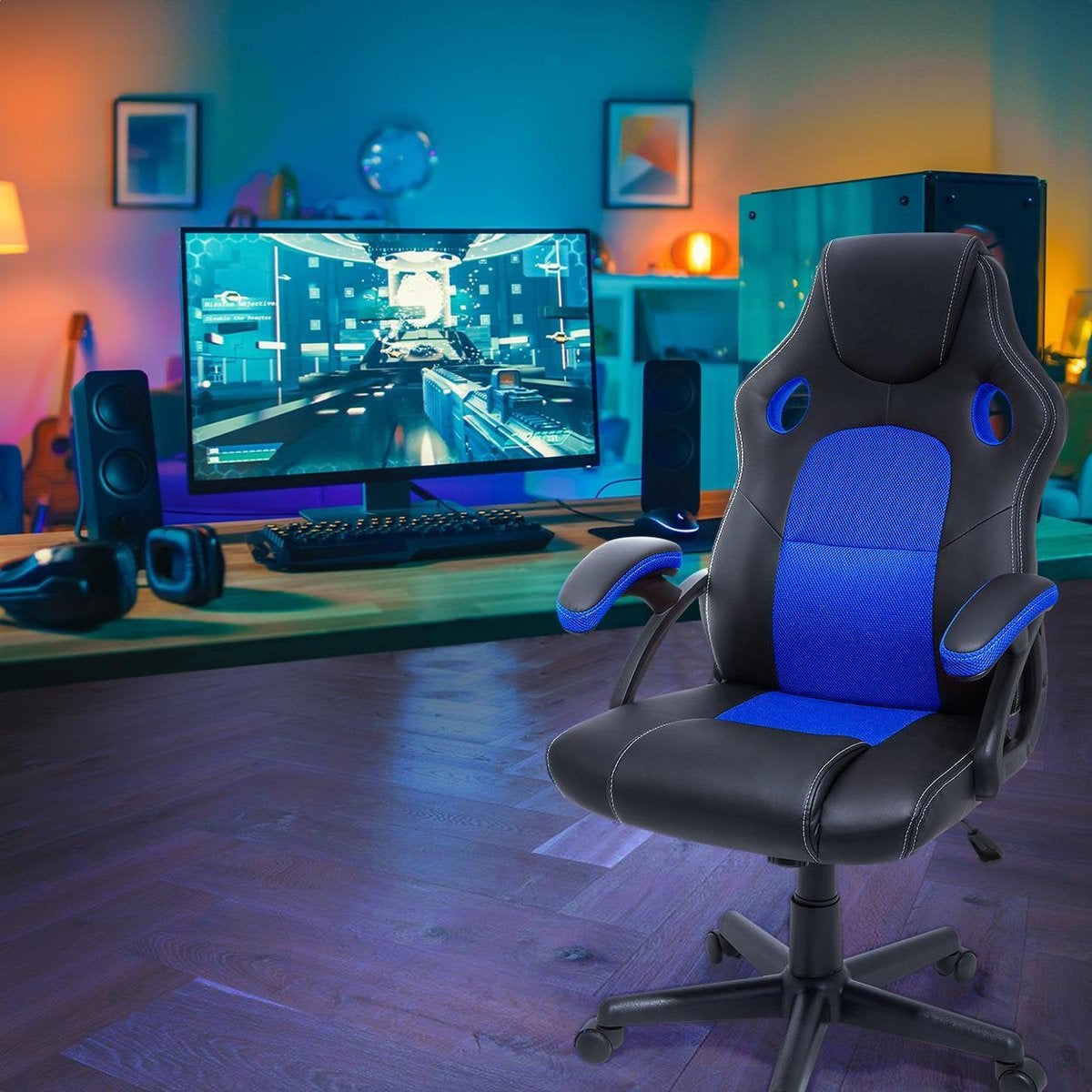 LifeGoods Gamestoel - Verstelbaar - Gaming stoel - Kunstleer - Blauw/Zwart