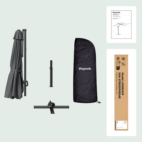LifeGoods Zweefparasol - 294x294 cm - Kantelbaar - 6 Standen - Waterdicht - met Hoes - Antraciet