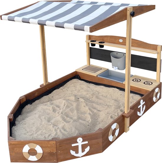 AXI Dora Boot zandbak met speelkeuken en dak (UV50) 160 x 100 cm Antraciet/bruin – Met krijtbord en opbergruimte - Inclusief gronddoek - 10 jaar garantie!