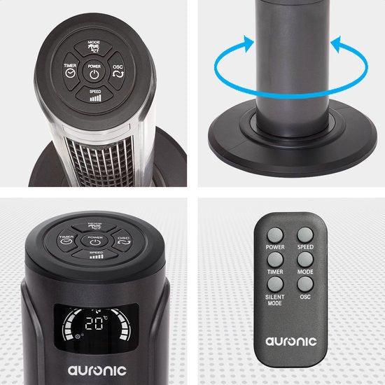 Auronic Torenventilator - Staande Ventilator met Afstandsbediening - Vloerventilator - Timer - Kolomventilator - Fan - 55W - 45dB - 118cm - Donkergrijs