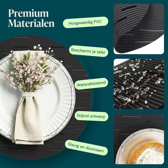 Castagnola Placemats - Placemat van Kunststof - Onderlegger - Onderzetter - Placemats Plastic en PVC - 6 Stuks - Diameter 37cm - Zwart