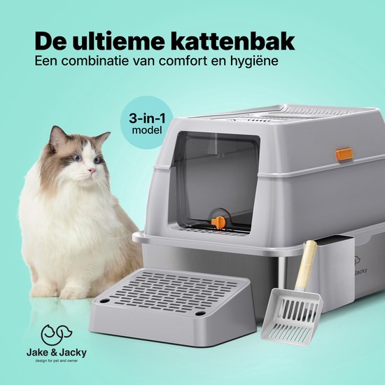 Jake en Jacky RVS Kattenbak Hop In - Kattentoilet Roestvrijstaal - Incl. Kattenbakschep met Houder en Gritopvang Opstapje - Top Entry - 3 in 1 Open Kattenbak met Afneembare Deksel - 60x40x38cm - Grijs