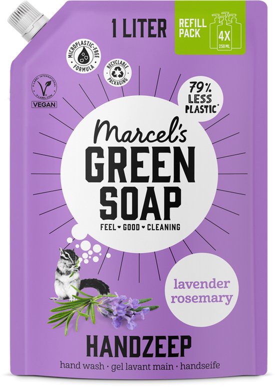 Marcel's Green Soap Handzeep Navulverpakking Lavender & Rosemary 1-Stuk 1000 ml – Paars/Groen – 93,55% Natuurlijk