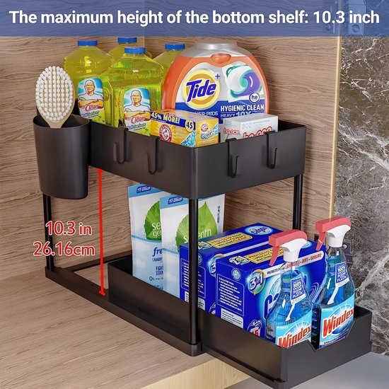 Nexxt Keukenkast Organizer - 2 Lagen – Rek met Uitschuifbare Lade - Inclusief Haakjes en Bakjes – Gootsteen Organizer - Zwart