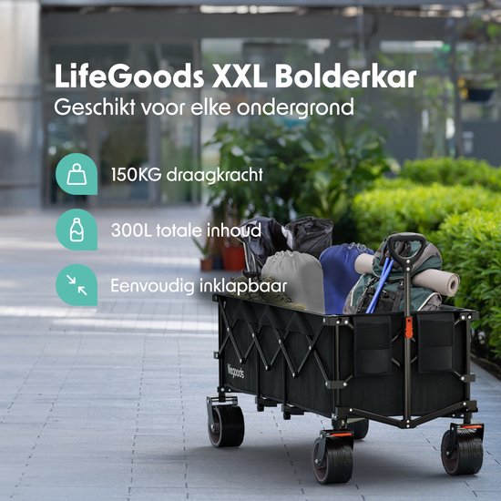 LifeGoods Bolderkar - XXL - Opvouwbaar - 300L - 150KG Draagkracht - Zwart