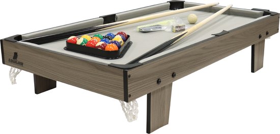 Cougar Pooltafel Mini 3 ft – Compacte Pooltafel in Eiken/Grijs – Opzettafel - Inclusief Ballen, Keuen, Triangel, Krijt & Borstel