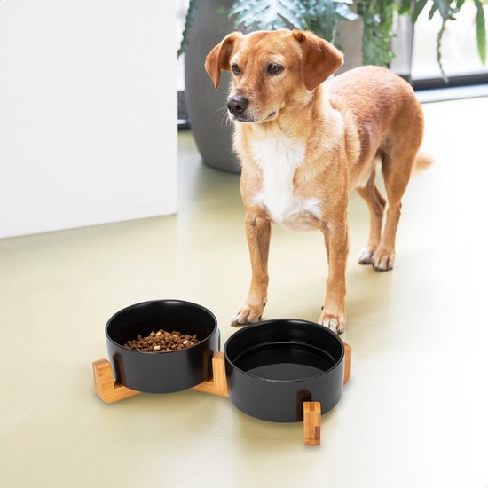 Voerbak Hond - Drinkbak - Met Standaard - 2x 800 ml - Maat M - Zwart