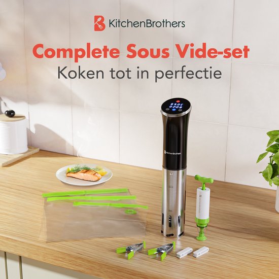 KitchenBrothers Sous Vide Stick - Complete Set - met Kookboek en Zakken - tot 95°C - BPA-vrij - 1200W - Zwart/RVS