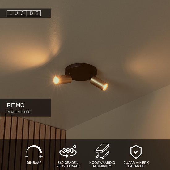 Lucide RITMO - Plafondspot (Plafondlamp) - Ø 15 cm - 2xGU10 (MR11) - Mat Goud / Messing