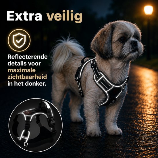 By Cee Cee Hondentuigje Hondenharnas - Anti Trek Tuig - Y Tuig Hond – Reflecterend Honden Tuigje – Zwart – Maat S