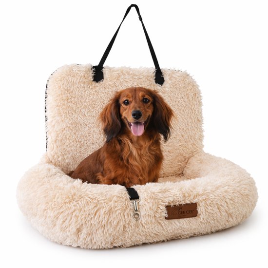 By Cee Cee Autostoel Hond Deluxe - Hondenmand Auto Met Veiligheidsriempje - Automand Hond - Hondenstoel - Autozitje - Beige - Maat S - Puck