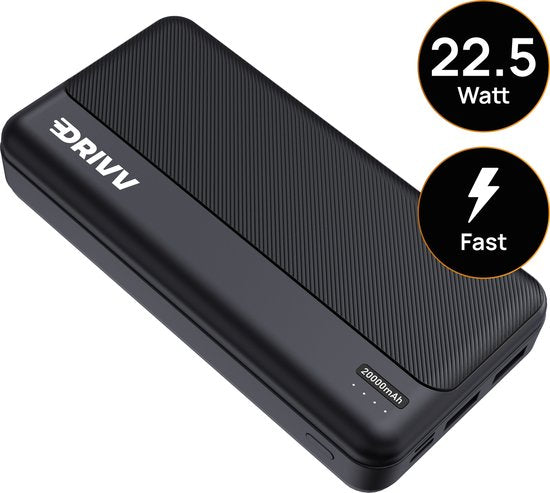 Drivv. Powerbank 20.000 mAh - Inclusief 100w Oplaadkabel - 22.5W snellader - Quick Charge USB 3.0 - USB C - Geschikt voor iPhone, Samsung en meer