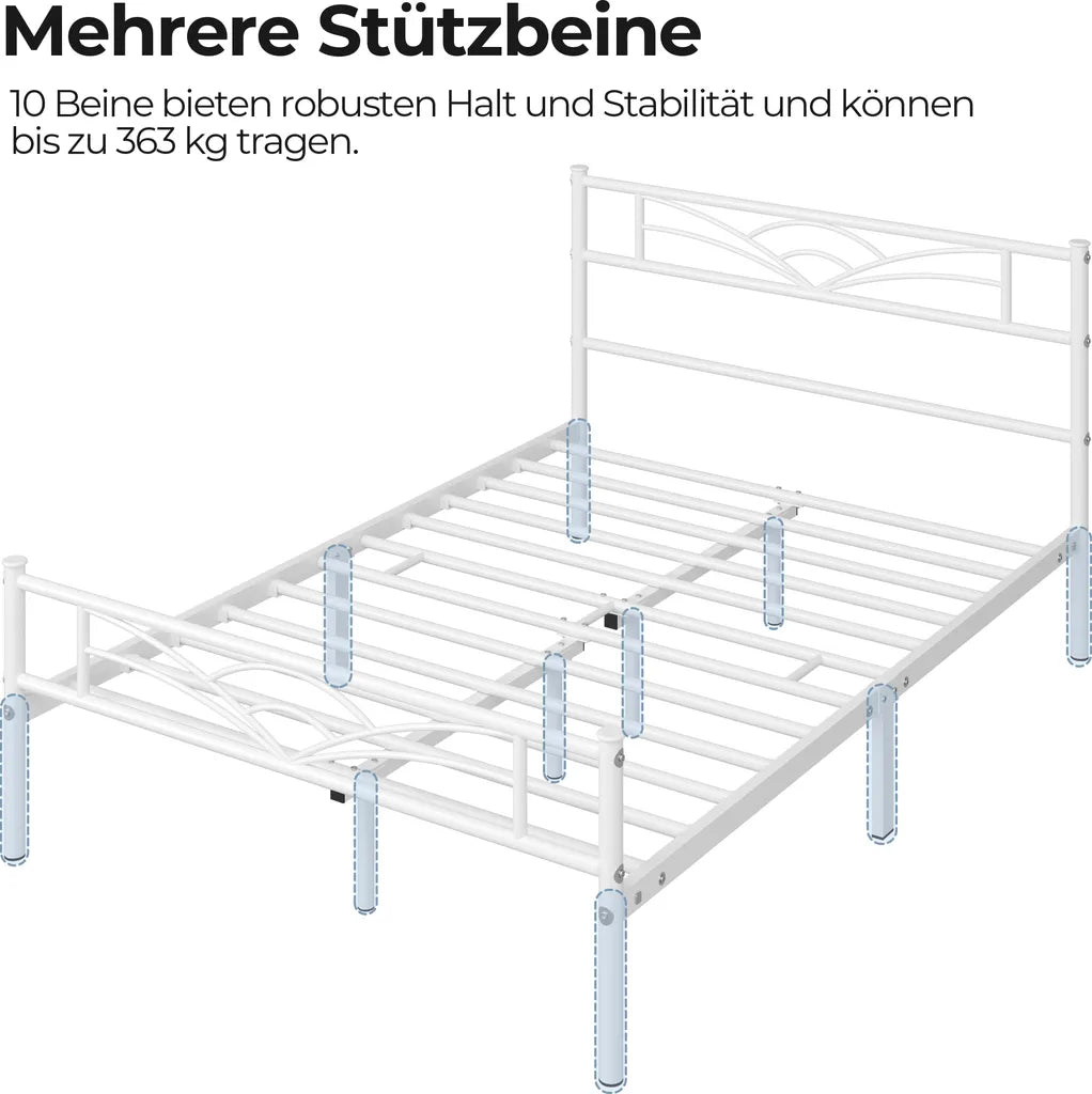 Yaheetech Bedframe 140 × 200 cm – Wit Metaal – Met Wolkenpatroon Hoofd- en Voetbord en 32 cm Opbergruimte