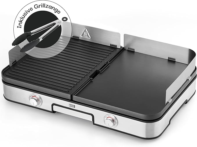LEBENLANG Elektrische Tafelgrill - 2400W - Inclusief Grilltang en Spatbescherming - 30 x 23,7 x 15 cm - RVS