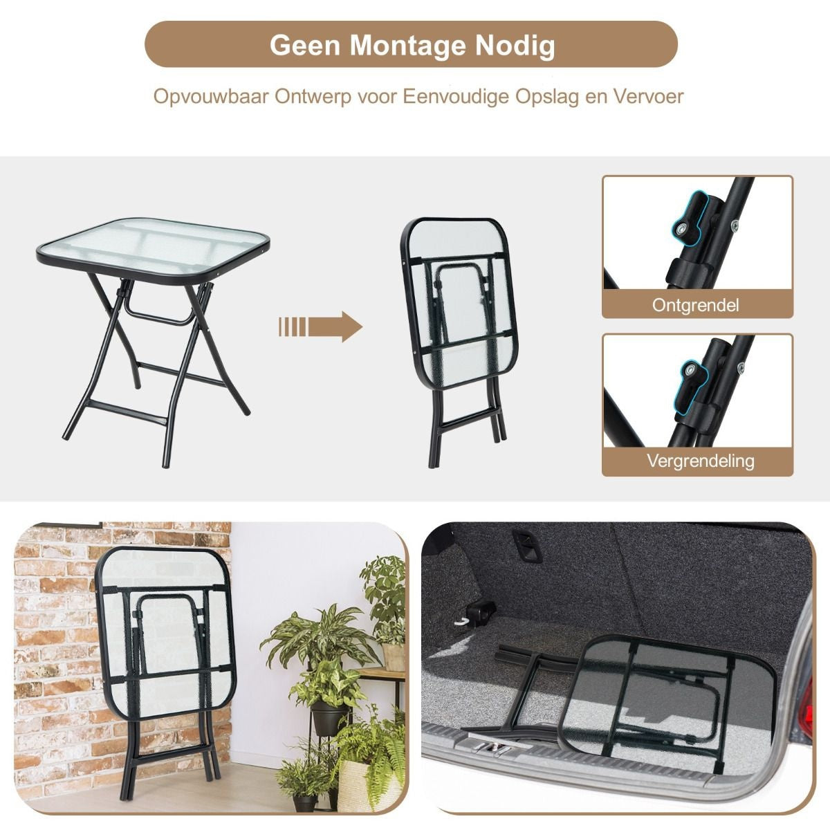 Coast Terrace bijzettafel vierkante glazen tafel met roestvrij frame opvouwbare salontafel zwart