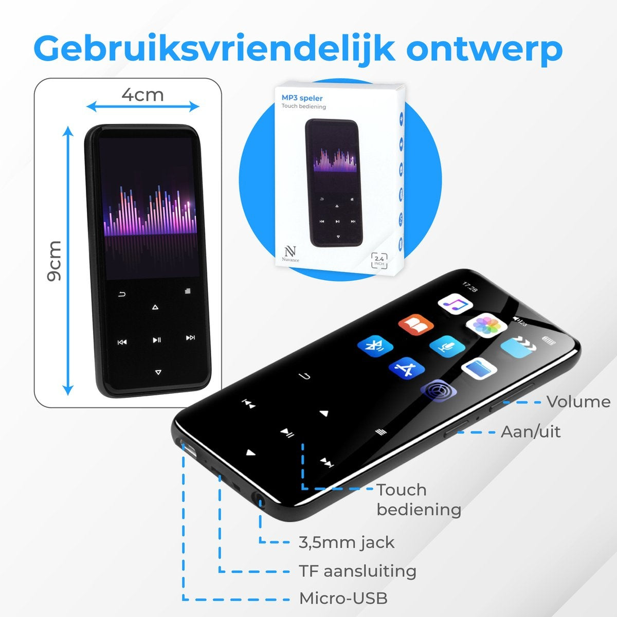 Nuvance - MP3 Speler Bluetooth - 16GB intern geheugen - Ondersteuning tot 128GB - Voice Recorder Digitaal - met FM Radio - Zwart