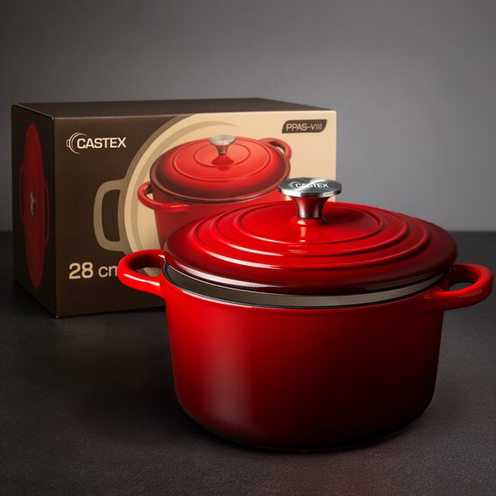 Castex Elegance Royal Gietijzeren Braadpan met Deksel 28 cm - 6,4L - Inductie Pan - Braadpannen Gietijzer – Rood