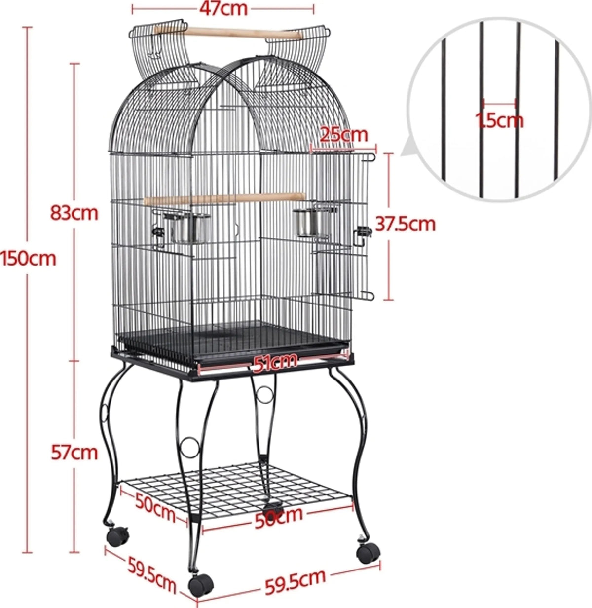 Yaheetech Vogelkooi - Parkieten en Papegaaien - 59,5x59,5x150 cm - Verrijdbaar - Afneembare Standaard - Zitstokken - Zwart