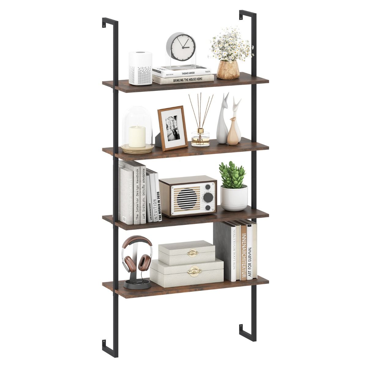 Coast Wandrek met 4 Planken - Zwevend Opbergrek - Metalen Frame - Rustiek bruin en zwart - 76 x 30 x 163 cm