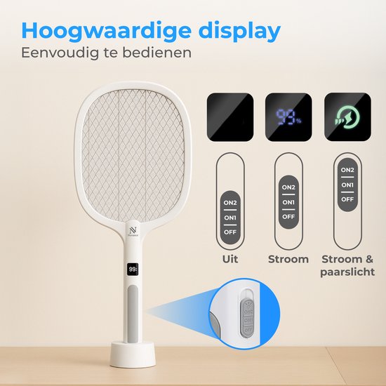 Nuvance Elektrische Vliegenmepper - Usb Oplaadbaar - Muggenlamp - met Display - Muggenstekker - Vliegenvanger - Vliegenlamp - Wit