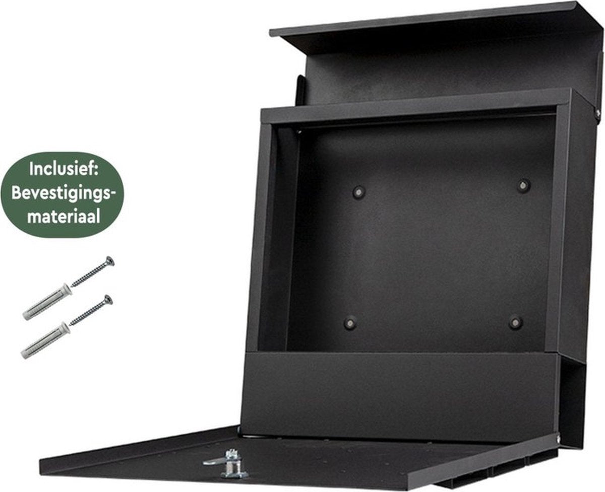 BRASQ Deluxe Brievenbus Zwart 37,5 x 36,5 x 11 cm – Wandbrievenbus met Slot en Krantenvak – Inclusief Montagemateriaal & 2 Sleutels
