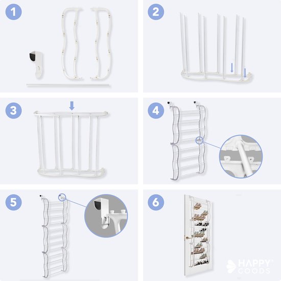 Happy Goods - XXL Schoenenrek - 40 paar Schoenen - Opbergrek - Stompe en Opdekdeur - Schoenenkast - Hangend schoenenrek - metaal - Hangende opberger - Schoenen opbergsysteem - Schoenenkast - Wit - Kunststof - 12 lagen - sneakers - Organizer