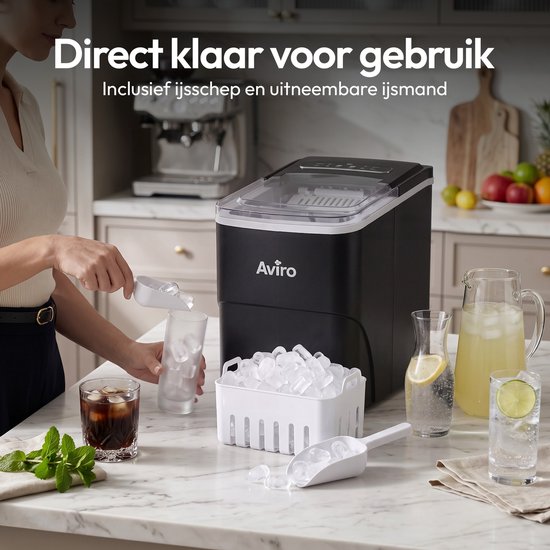 Aviro Ijsblokjesmachine XL - 2L - Met IJsschep - IJsblokjesmaker - 16KG / 24U - Zelfreinigingsfunctie - Zwart