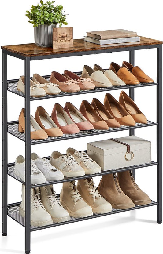 O'DADDY® Schoenenrek - 5 Laags - Schoenen Opbergsysteem - Schoenrek - Schoenenkast - Schoenkast - Industrieel Design - Bruin Hout - Zwart Metaal