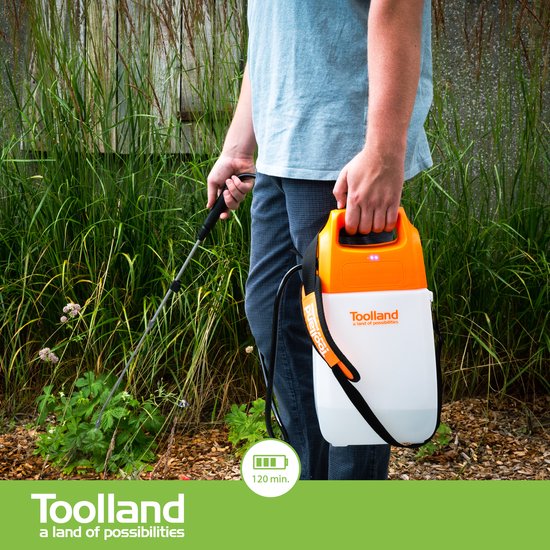 Toolland Drukspuit, elektrisch, herlaadbare batterij, telescopische lans, regelbare sproeikop, schouderriem, 6 liter, wit/oranje/zwart