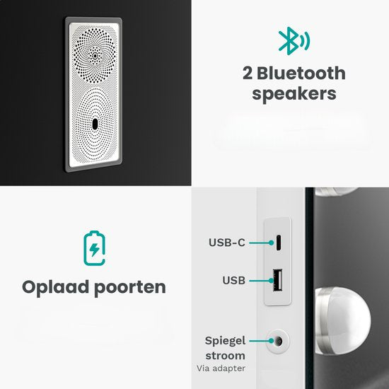 Mirlux Grote Hollywood Spiegel 80x60CM - 2 Bluetooth Speakers - USB & USB-C Oplaadporten - LED Verlichting - Make Up Spiegel - 10x Zoom - Ophangbaar - Wit