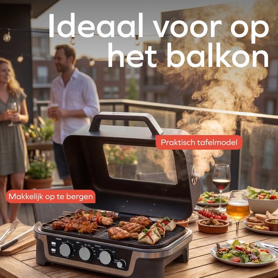 KitchenBrothers Elektrische BBQ en Smoker - Tafelmodel voor Balkon - 90°C tot 250°C - 2600W - Tafel BBQ - Met Kijkvenster
