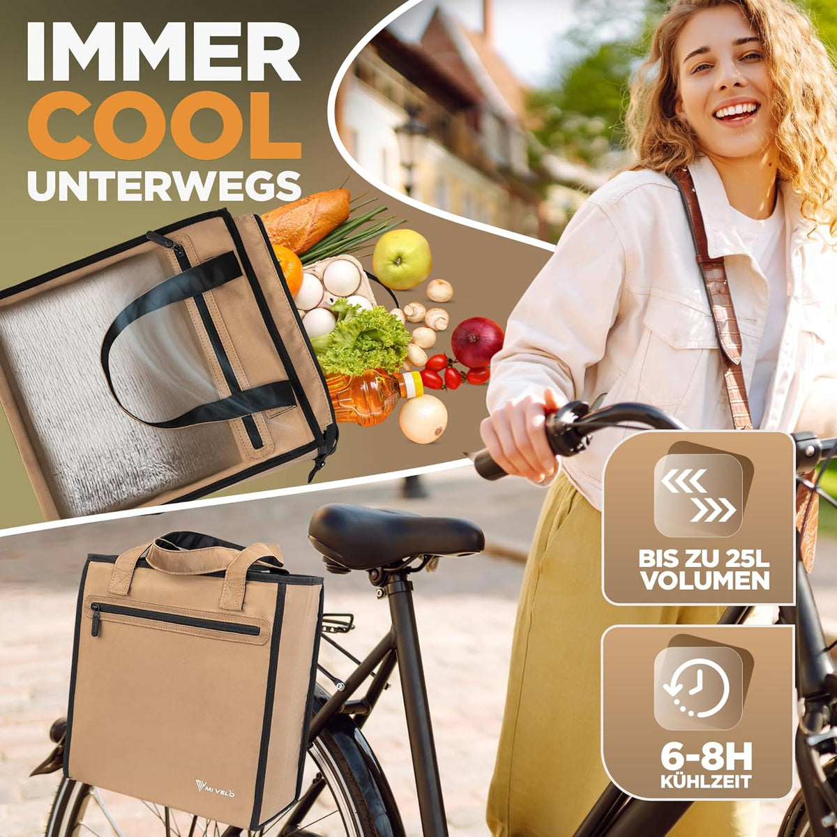 MIVELO - Fietstas Voor Boodschappen - 25 liter Inhoud & Afneembare Koeltas - Polyester - Beige