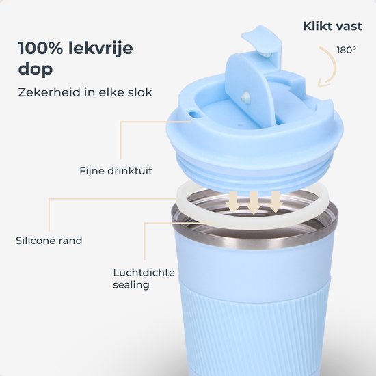 Castagnola Thermosbeker - Koffiebeker To Go - Travel Mug voor Koffie en Thee - Theebeker - 380 ML - RVS - Lichtblauw