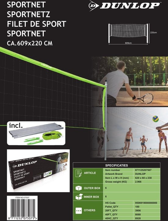 Dunlop Sportnet 609 x 220 CM - Volleybalnet - Tennisnet - Badmintonnet - Complete Set met Stokken, Net, Grondpinnen en Spanner Touwen - Multifunctioneel Inzetbaar - Groen/Zwart