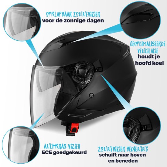 VINZ Calobra Jethelm met Zonnevizier - Scooterhelm & Motorhelm & Brommerhelm - ECE 22.06 - Mat Zwart - M
