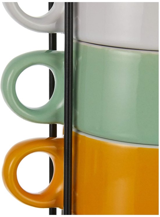 Secret de Gourmet Koffie mokken/bekers Colorama - 6x stuks in metalen rekje - Keramiek - glans afwerking - 260 ml - 8 x 9 cm