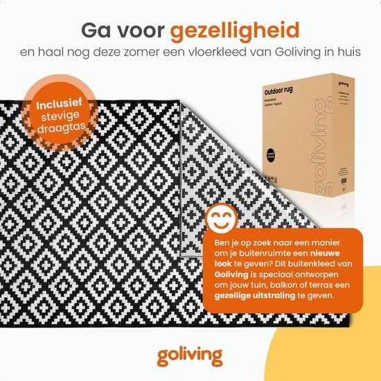 Goliving Buitenkleed Summer Diamond - 183x290CM - Tuintapijt - Buitentapijt - Vloerkleed - Tuinkleed - Omkeerbaar - Incl. Draagtas - Zwart/Wit