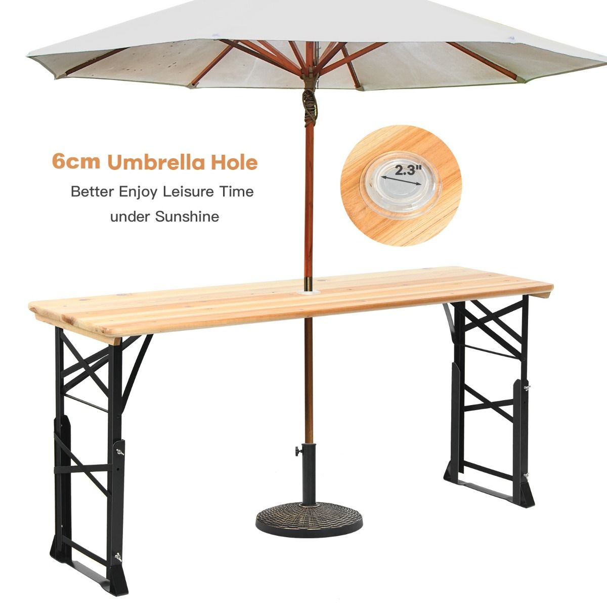 coast Biertafel - Inklapbaar - Hoogte Verstelbaar 75-105 cm - 168,5 x 50 cm - Hout/Natuurlijk - Met Parasolgat