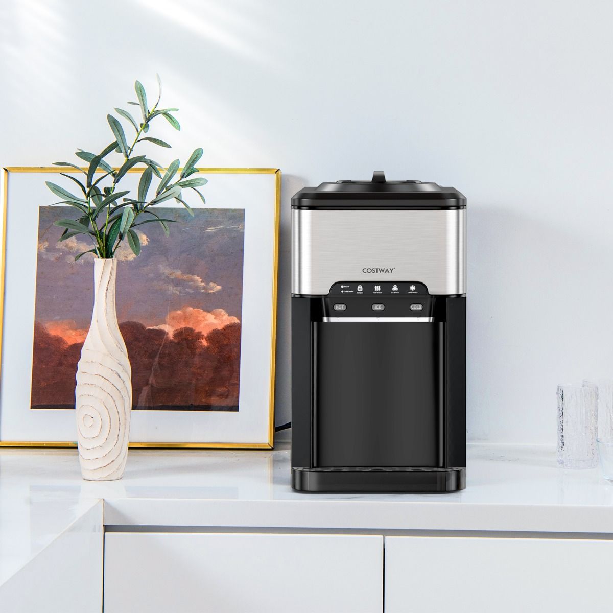 Coast 3-in-1 Waterdispenser met IJsmaker – Aanrechtmodel 28x43x48 cm – Zilver/Zwart – Warm/Koud/IJsfunctie