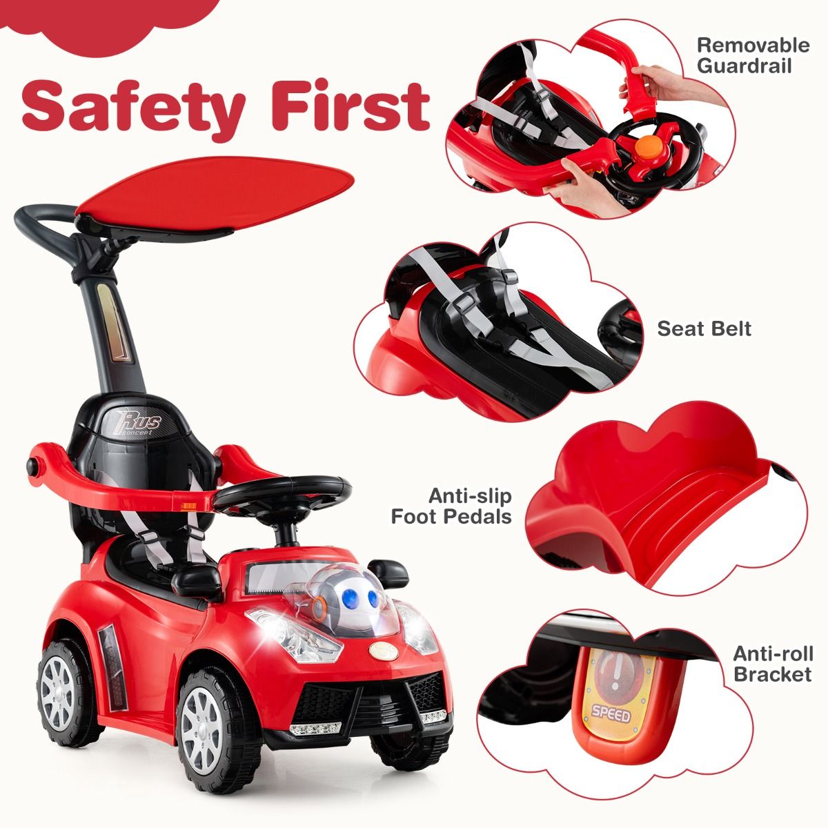 Coast 3-in-1 Loopauto met duwstang - opbergruimte - verstelbare zonbescherming - rood