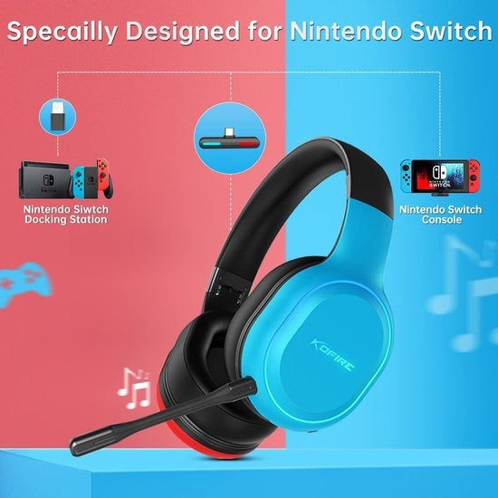 Kofire UT-01 2.4GHz Draadloze Gaming Headset - Bluetooth Over-ear koptelefoon met microfoon - Multi platform - Rood blauw