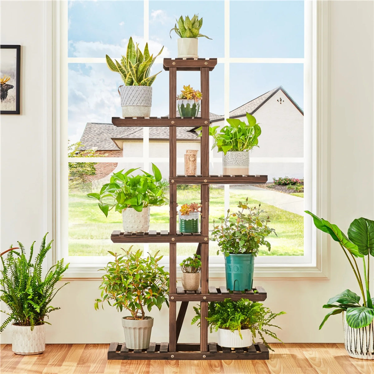 Yaheetech 6-Laags Plantenrek Voor Binnen En Buiten 140 cm Hoog – Bruin – Vurenhout En Metaal