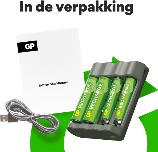 GP Recharge batterijoplader voor AA & AAA batterijen – 4 slots, USB-aansluiting, Veilig en snel opladen, Compacte batterijlader met oplaadbare batterijen 2x AA 2100mAh / 2x AAA 800mAh