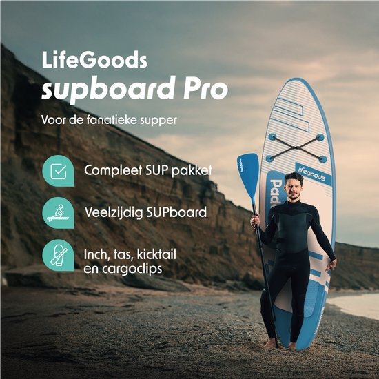 LifeGoods PaddlePro SUP Board Pro - Pro Set - Opblaasbaar Paddle Board - Max. 150KG - 320x81cm - Sky Blue