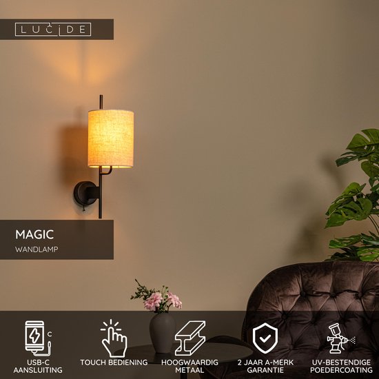 Lucide MAGIC - Wandlamp - 1xE27 - Met USB oplaadpunt - Zwart