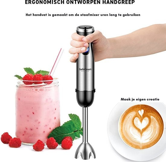 Safecourt Kitchen Staafmixer Set -  5 in 1 Multifunctionele Staafmixer - 20 Snelheden - 1000 Watt - Hakmolen - Inclusief Melkopschuimer & Maatbeker