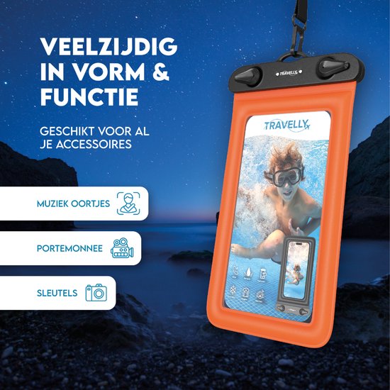 Travelly ® – Waterdicht Telefoonhoesje Set van 2 – Universeel Onderwater Hoesje voor Smartphone – Geschikt voor alle telefoons – Drybag – Voor Vakantie, Zwemmen & Watersport – Zwart/Oranje