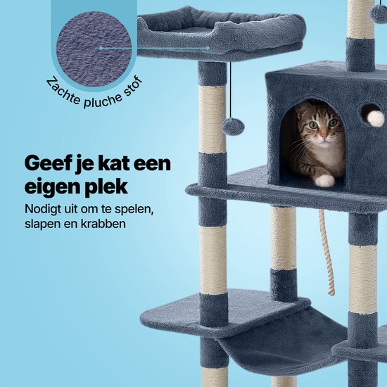 Jake en Jacky Krabpaal voor Katten - Kattenkrabpaal - Krabmeubel - Kattenboom - Krabpalen - Kattenhuis - Donkergrijs - 147 cm Hoog