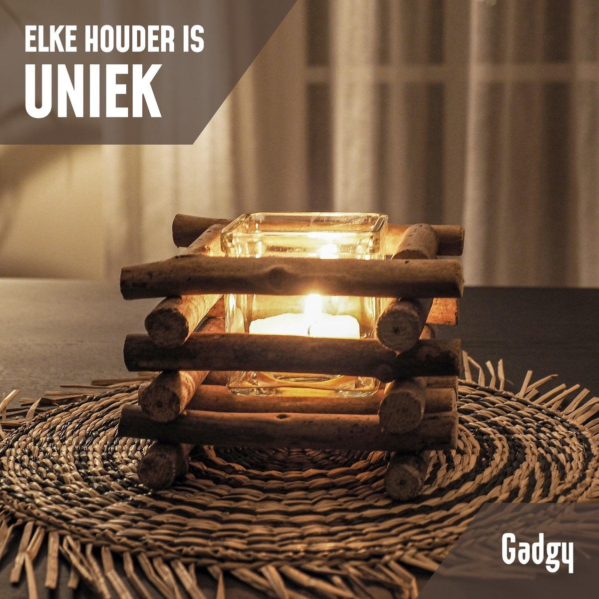 Gadgy - Waxinelichthouder - Drijfhout - set van 2 - 15x15cm